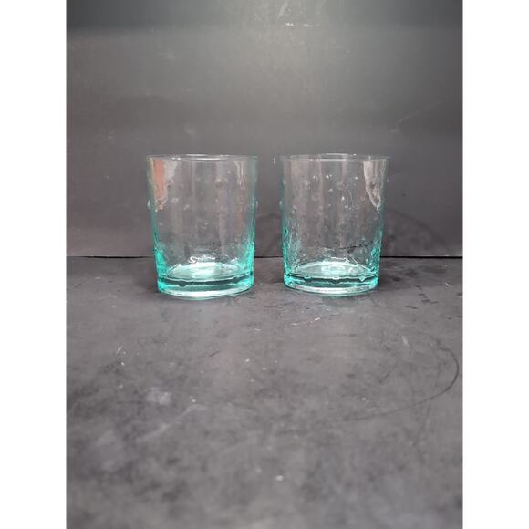 Teal Green Blue Double Old Fashion Thick Etched Glasses, Set of 2,‎ Oval Base - Picture 1 of 9